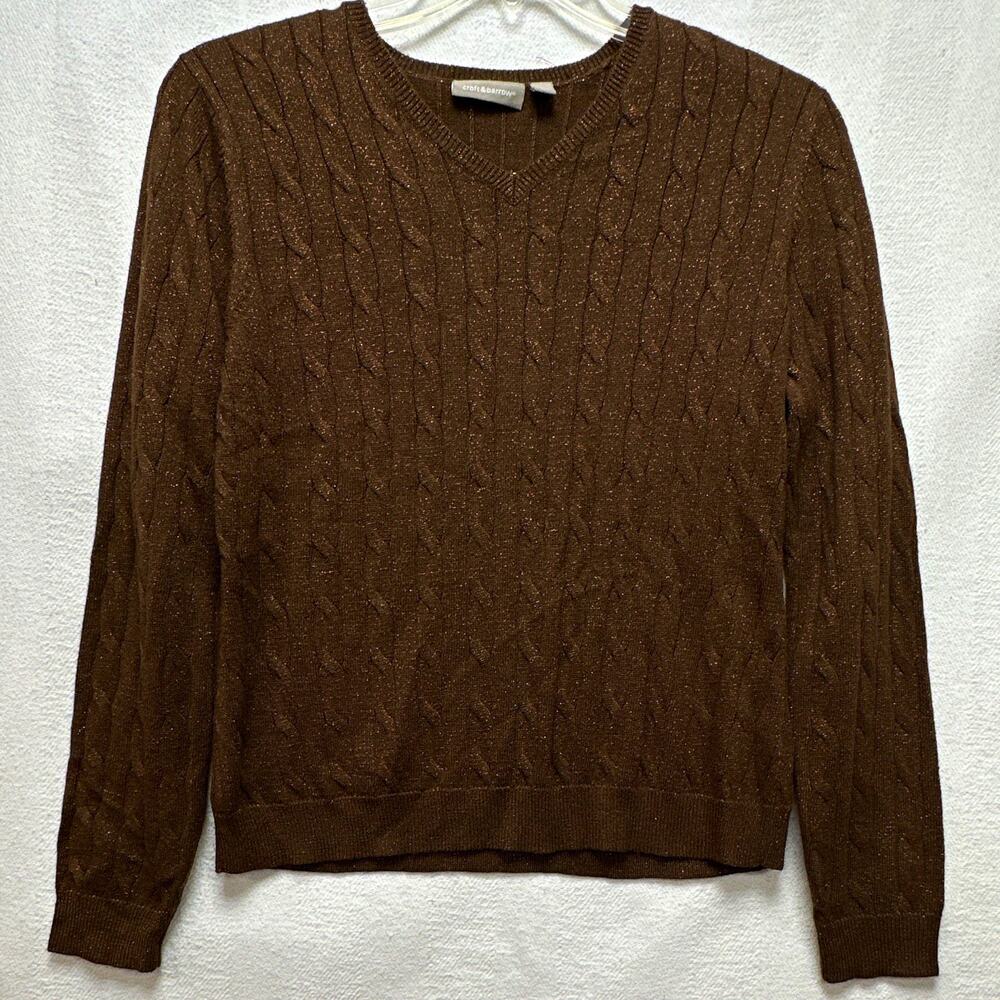 Croft & Barrow Womens L Brown Cable Knit V-Neck Long Sleeve Pullover Sweater